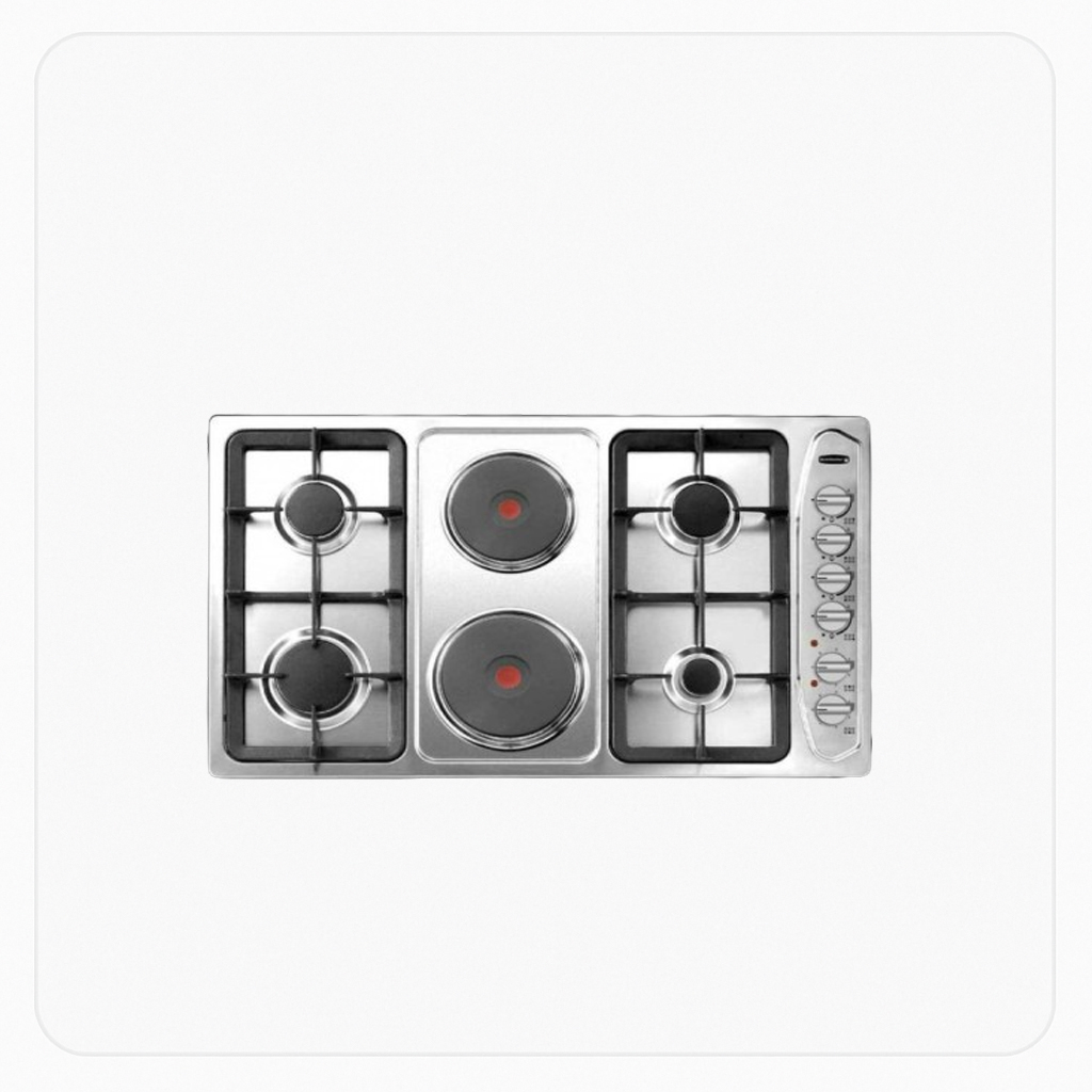 Kelvinator Built-in Gas + Electric Hob – 90cm – 4 Gas Burners + 2 Hotplates – Stainless Steel – Auto Ignition – Full Safety الموديل: KRBH-ASCLHPO-1942/X