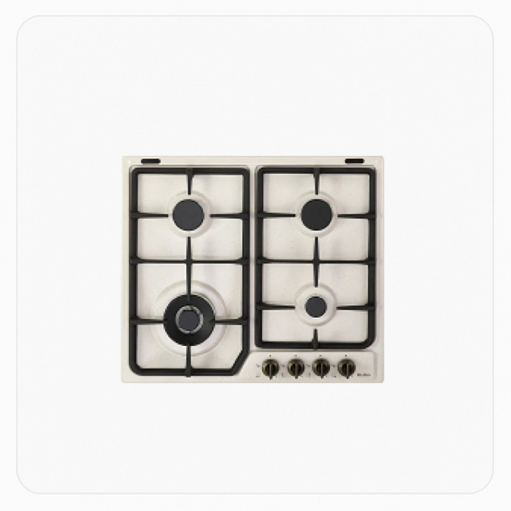 Elba Gas Hob – 4 Burners, Heavy-Duty Pan Supports, Beige, Front Classic Knobs